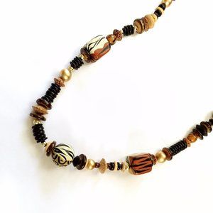 HUGO Wood Bead Tribal Necklace in Warm Earth Tones NWT